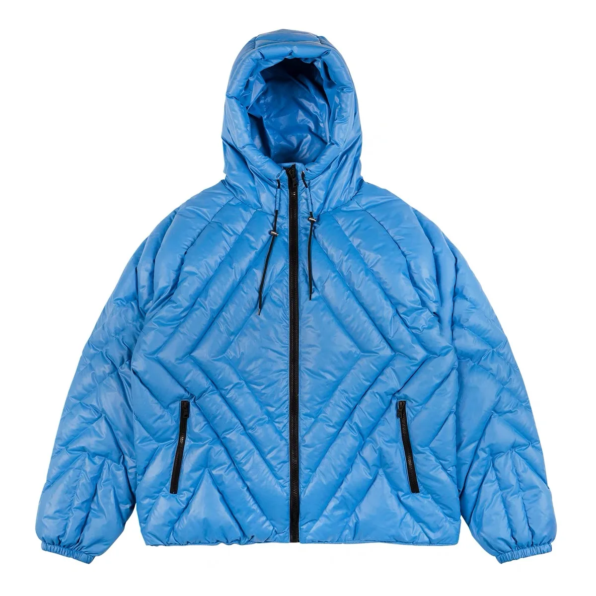 Custom quilted cropped shiny blue color hooded puffer coat winter streetwear light duck down jacket