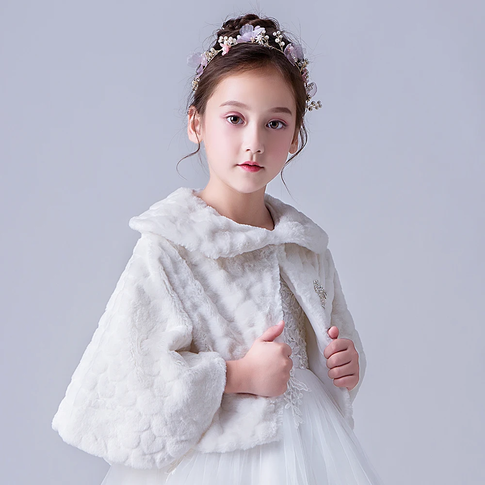 Flower Girls Faux Fur Bolero Shrugs White Winter Princess Shawl Wrap Shoulder Cape Wedding Party Dress Cover Up Wraps