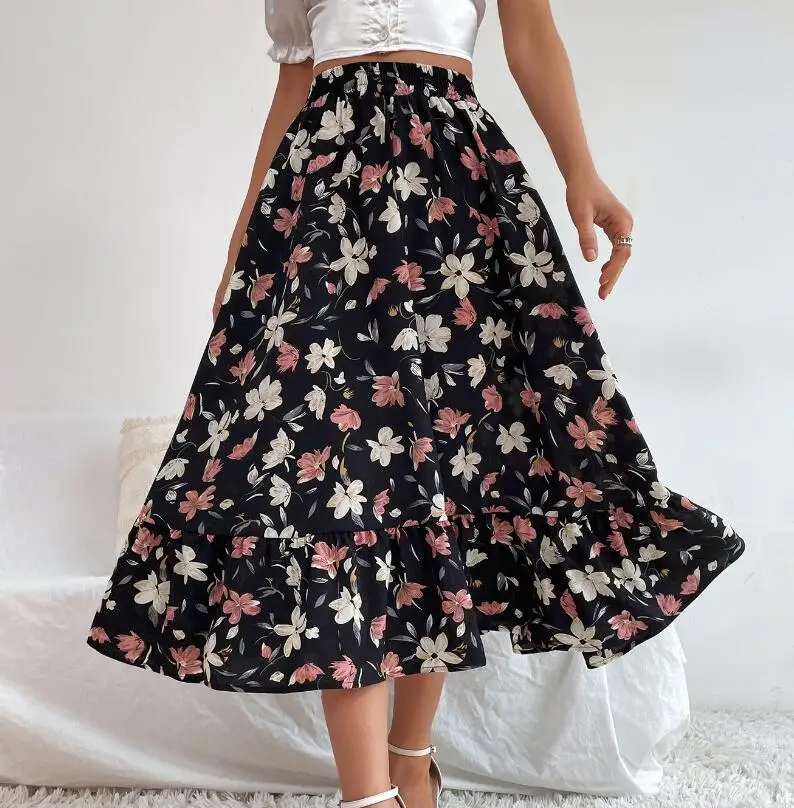 Wholesale leisure vacation style slimming floral print large size skirt for women and girls