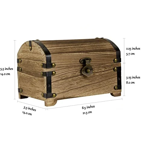 Decorated retro wooden treasure chest in natural wood-burning style with decorative metal profile and metal hinges
