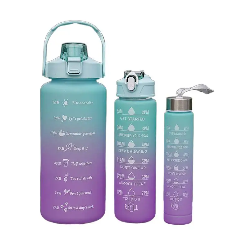 Custom 500ml 900ml 2000ml 3 In 1 Bpa Free Gradient Color Gym Fitness Sports Plastic Motivational Water Bottle With Time Marker