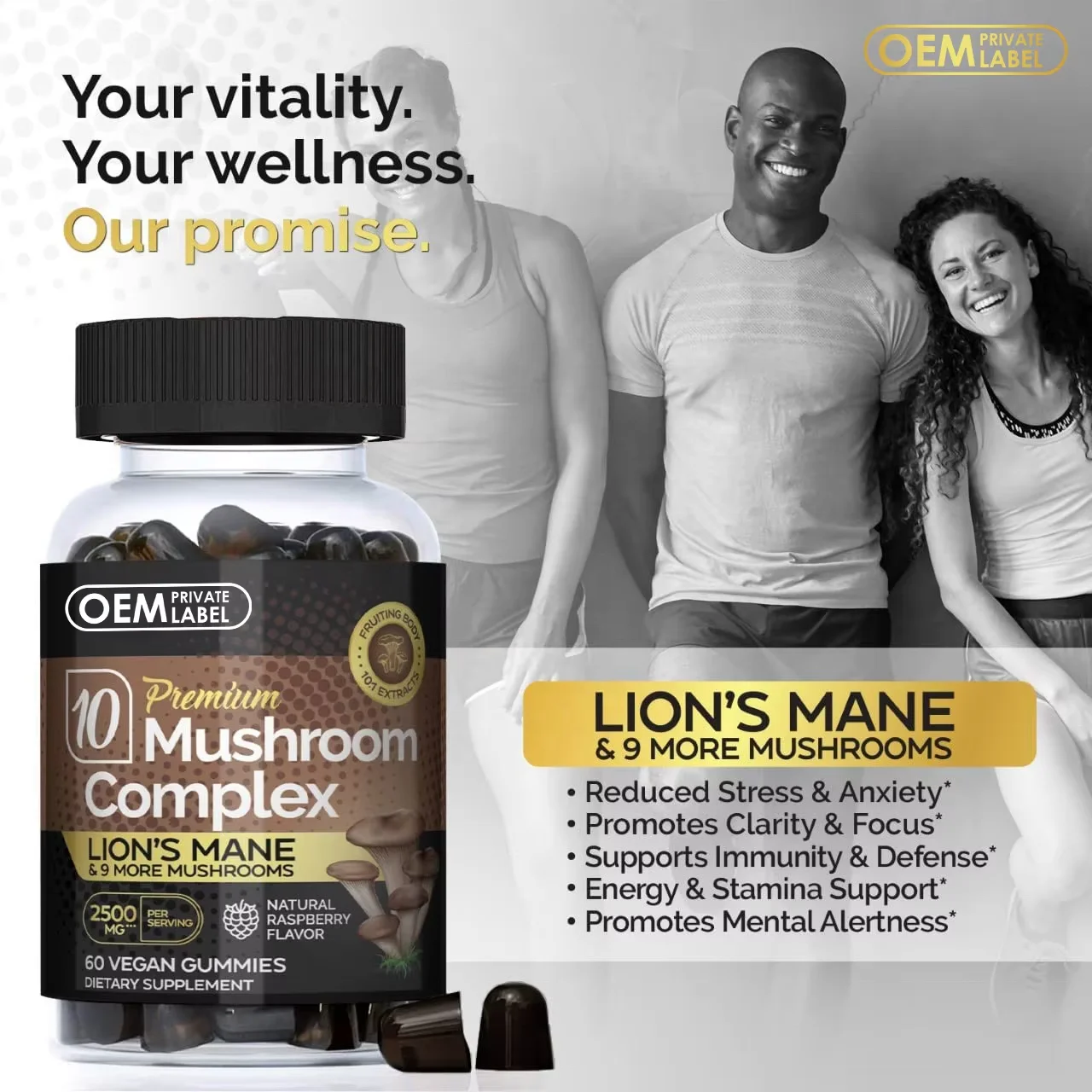 OEM Mushroom Extract Lions Mane Reishi Maitake Supplement Cordyceps Chaga Shiitake Nootropic Brain Mushroom Gummies