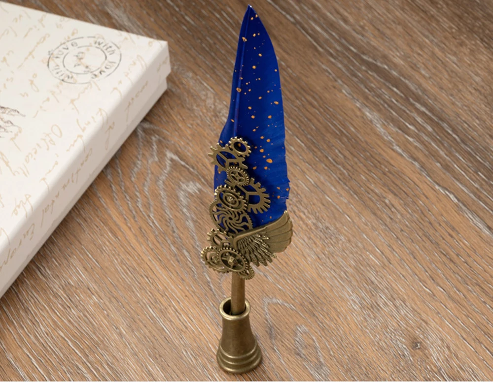 Antique Refillable Feather Quill Pen Calligraphy Writing Dip Pen Ink Set With Wax Stamp Sealing Wax