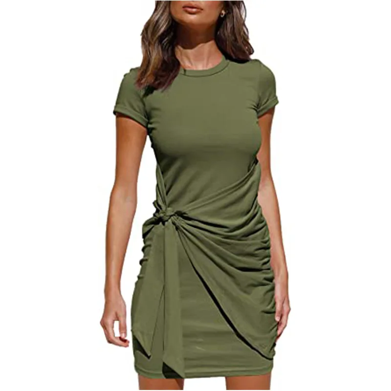 
New Summer Casual Women Dress Irregular Short Sleeves Round Neck Ruffles Bow Belt Solid Simple Loose Mini Dress Harajuku Dress 