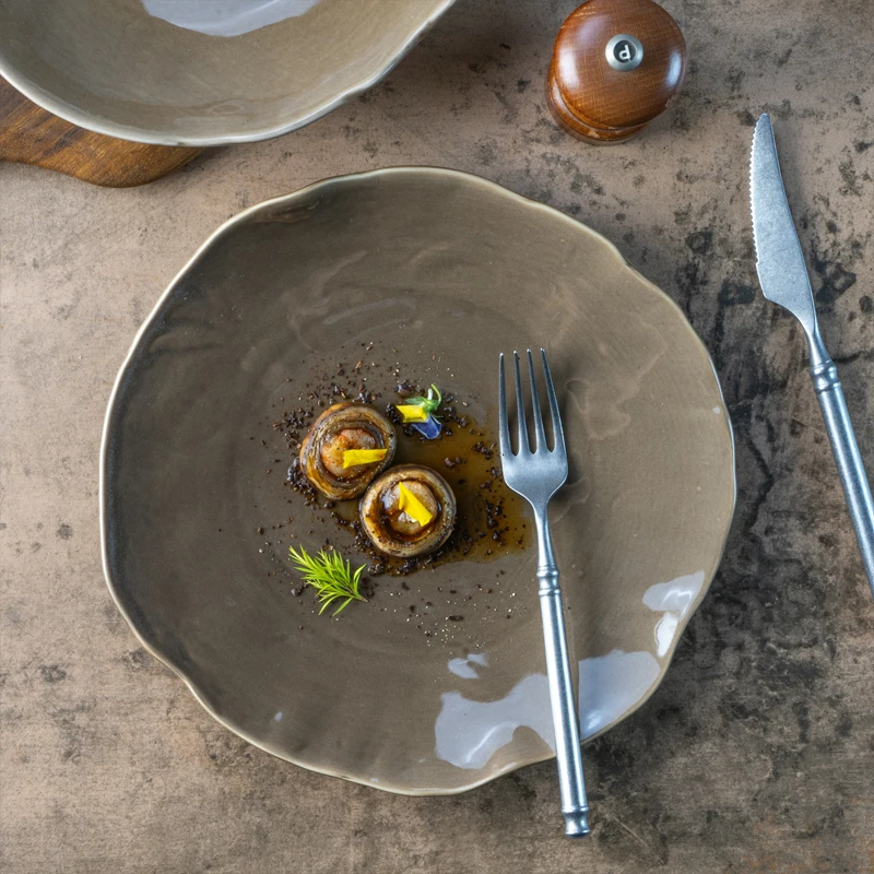 China Factory kiln changing Yayu creative gray porcelain_set irregular china_dinnerware_ retro ciramic dinner set plates ceramic