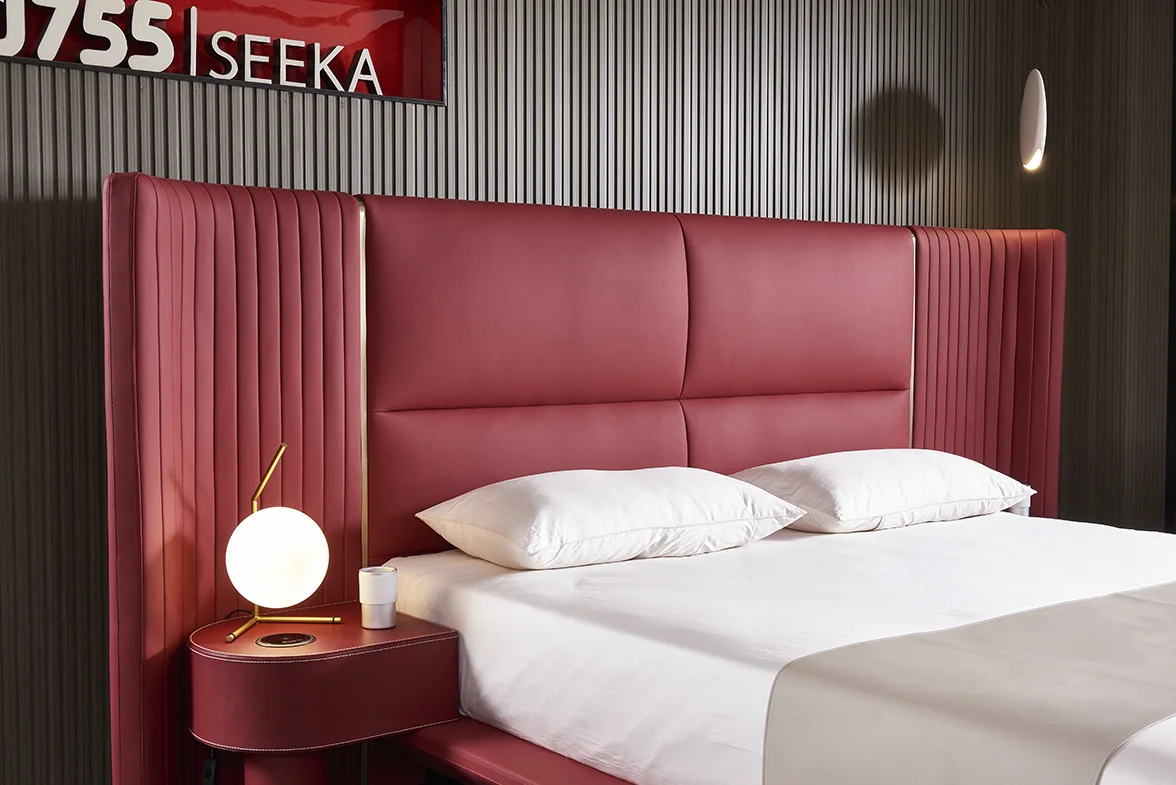 Modern Design Multifunctional Leather Bed With LED Lights Winged Recharge Headboard For Home Use