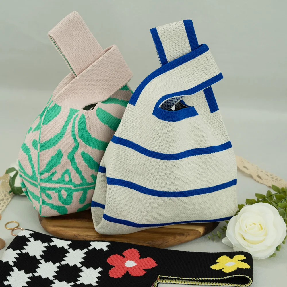 wholesale custom reusable knitted shopping bag crochet women hand clutch knitted tote bag handmade with logo for ladies