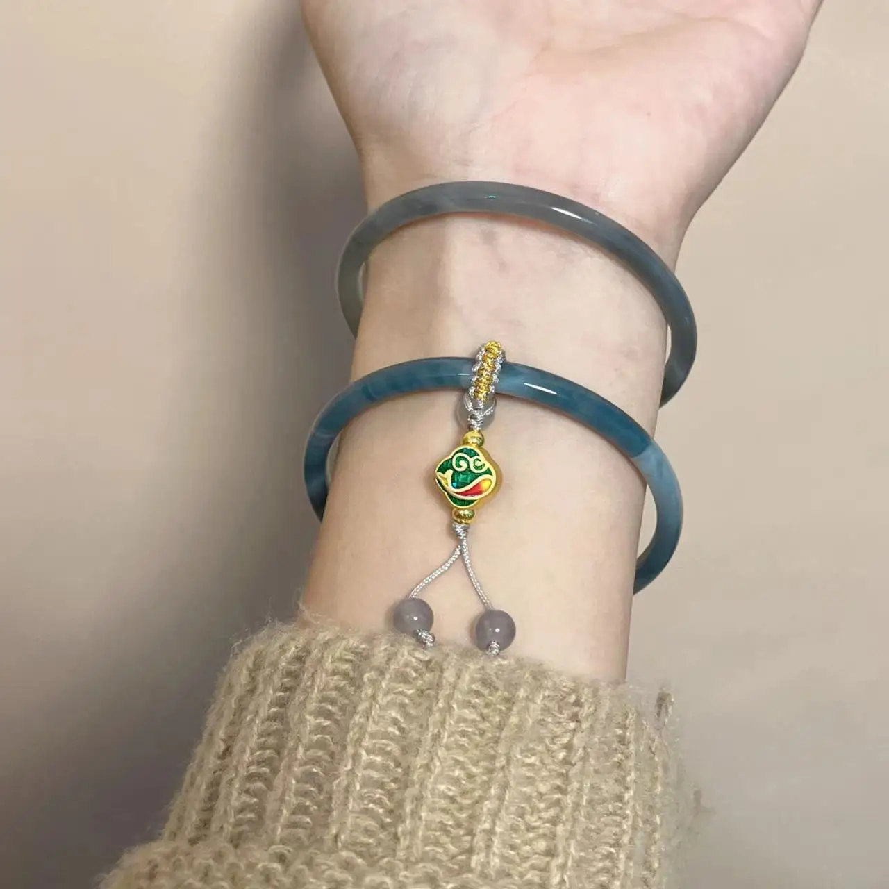 2pcs/set Chinese Style Gradient Color Imitation jade Bangle Simple Design Knot Cuff Bracelet chalcedony Glaze bracelet for Women