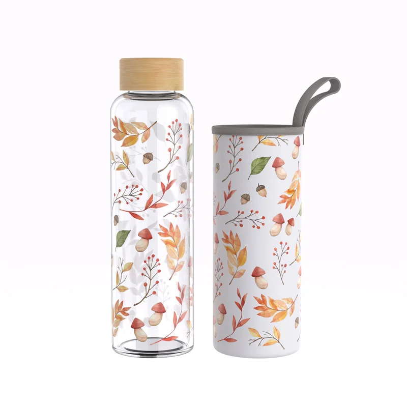 Emode Wholesale bamboo screw lid Bottle High Borosilicate Glass water bottle with Full Mug Printing Bottles