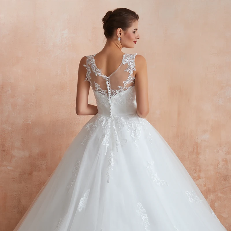 Custom Luxury White Lace Princess Long Women Tulle Applique Prom Party Wedding Dress