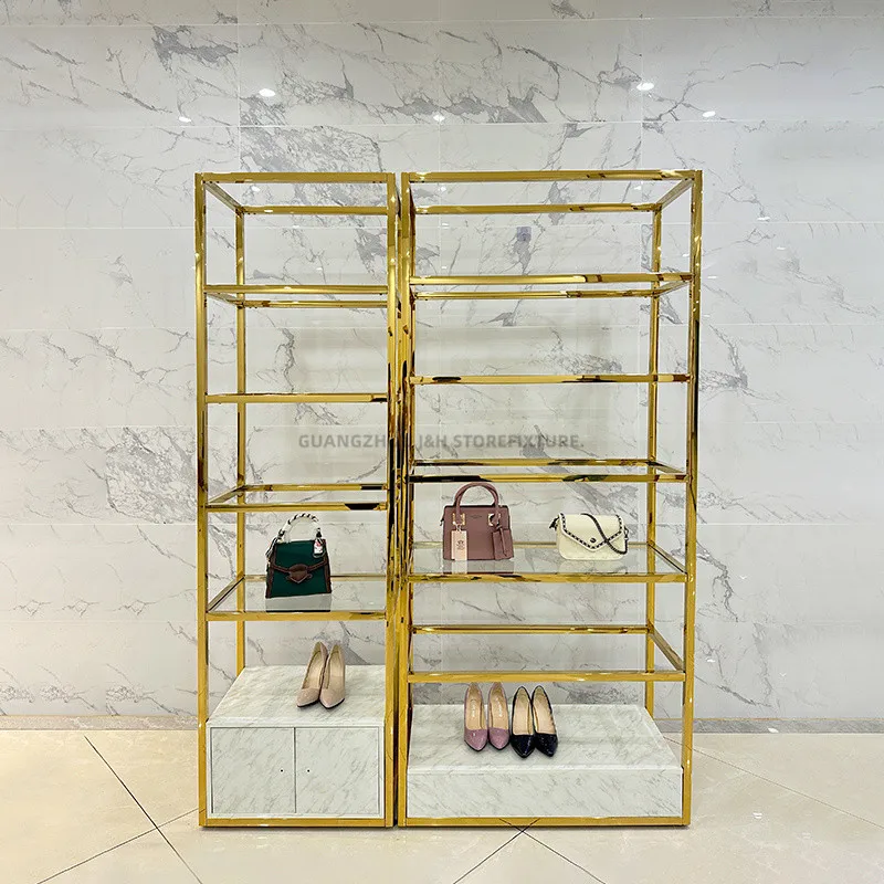 Factory wholesaler perfume display stand high end gold rack stand shelves glass acrylic cosmetic display clothes shop cabinet
