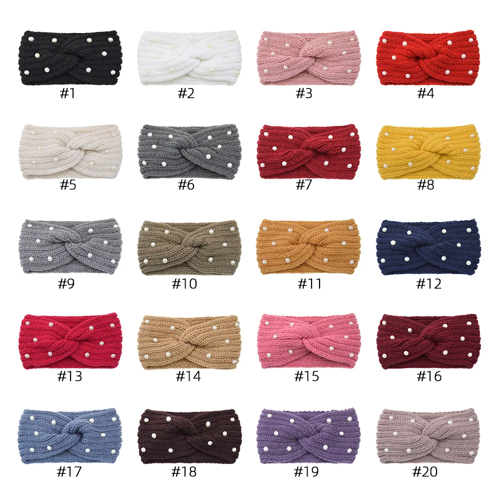 Qianjin Autumn And Winter Double-Layer Knitted Hair Accessories Woven Headband Warm Wool Hair Band Knitted Pearl Cross Hair Band