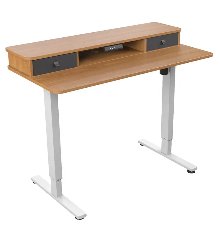 AUKI Wood Desk Monitor Stand With 120X60 Tabletop Computer Standing Desk Office Double Drawers Standing Desk