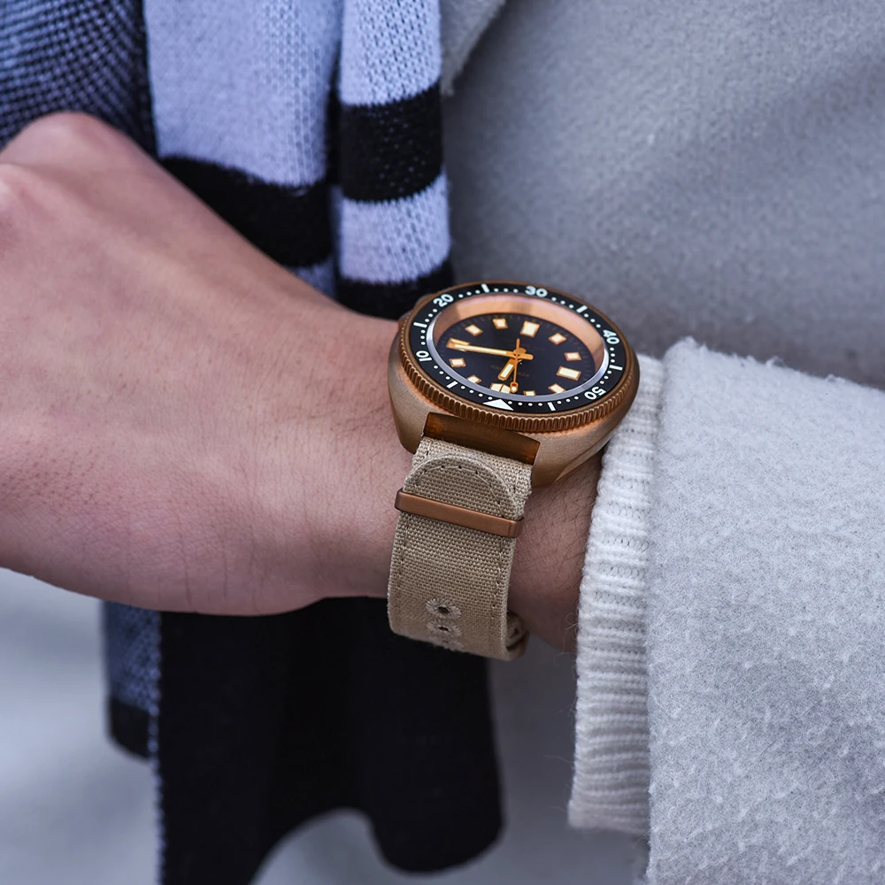 JUELONG Tan Stitching Eyelets Canvas Watch Band 18 20 22 24 Sail Cloth Bronze Buckle Watch Strap