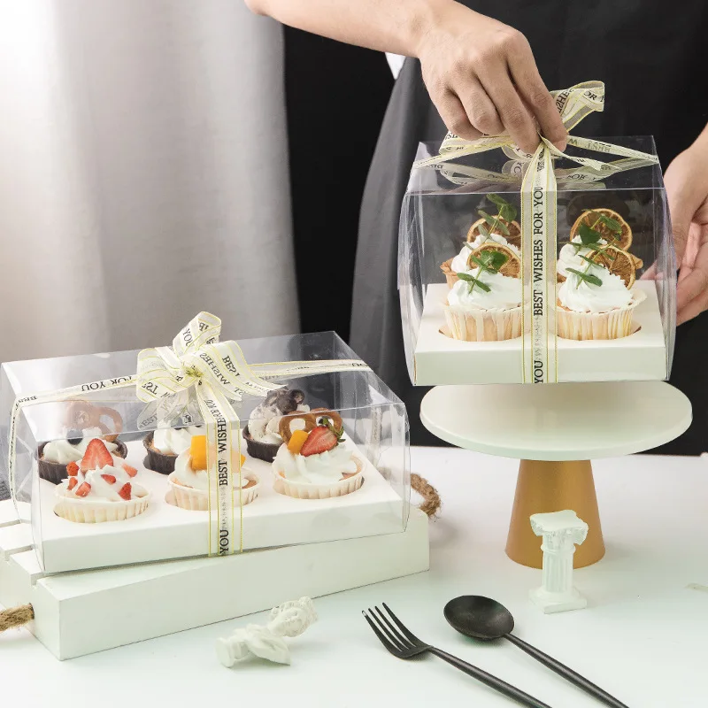 Customizable Size Ribbon Portable Cupcake Transparent Boxes Plastic Cake Packaging Box With Cork Base