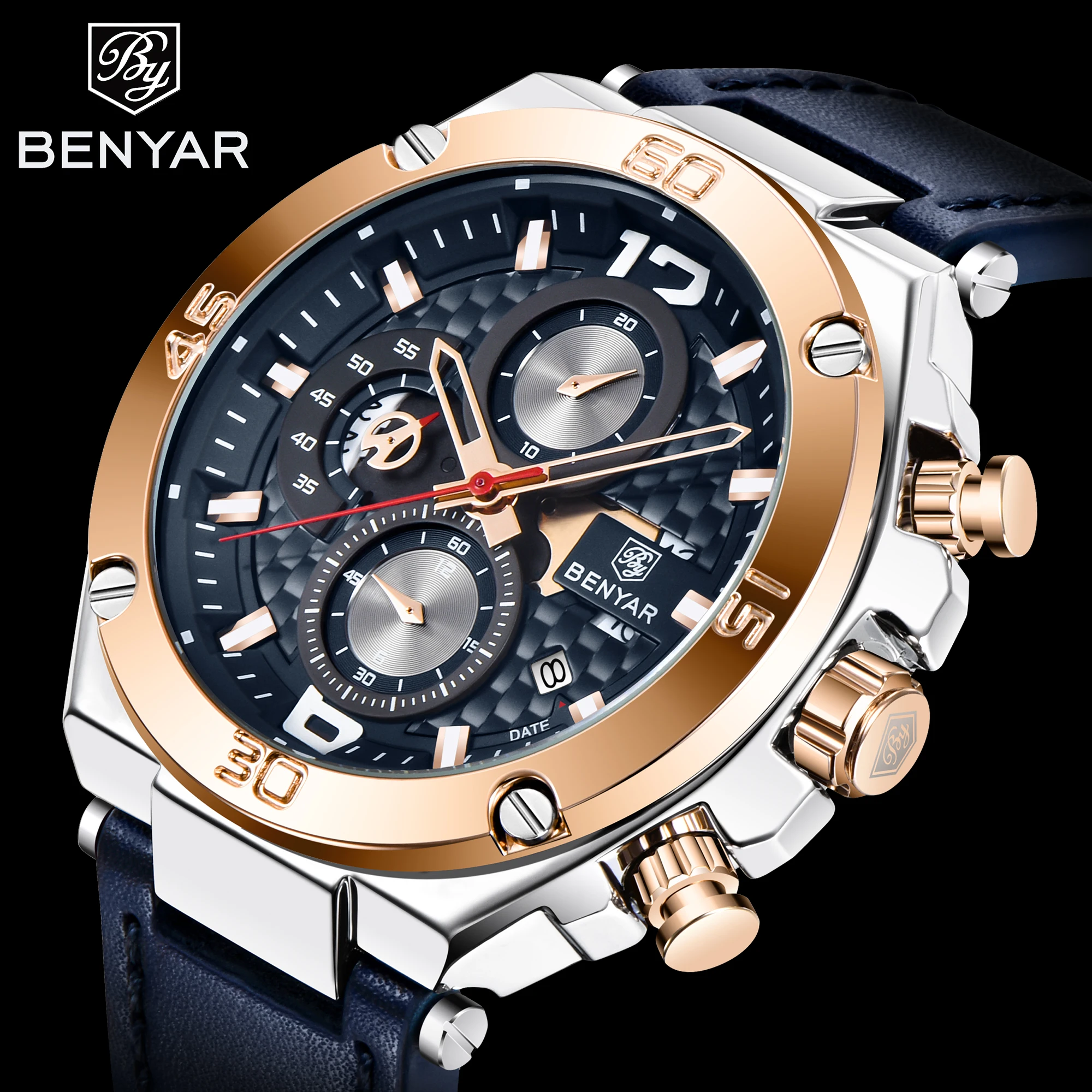 Luxury Brand Benyar Fashion Chronograph Wrist Watches genuine leather strap watch