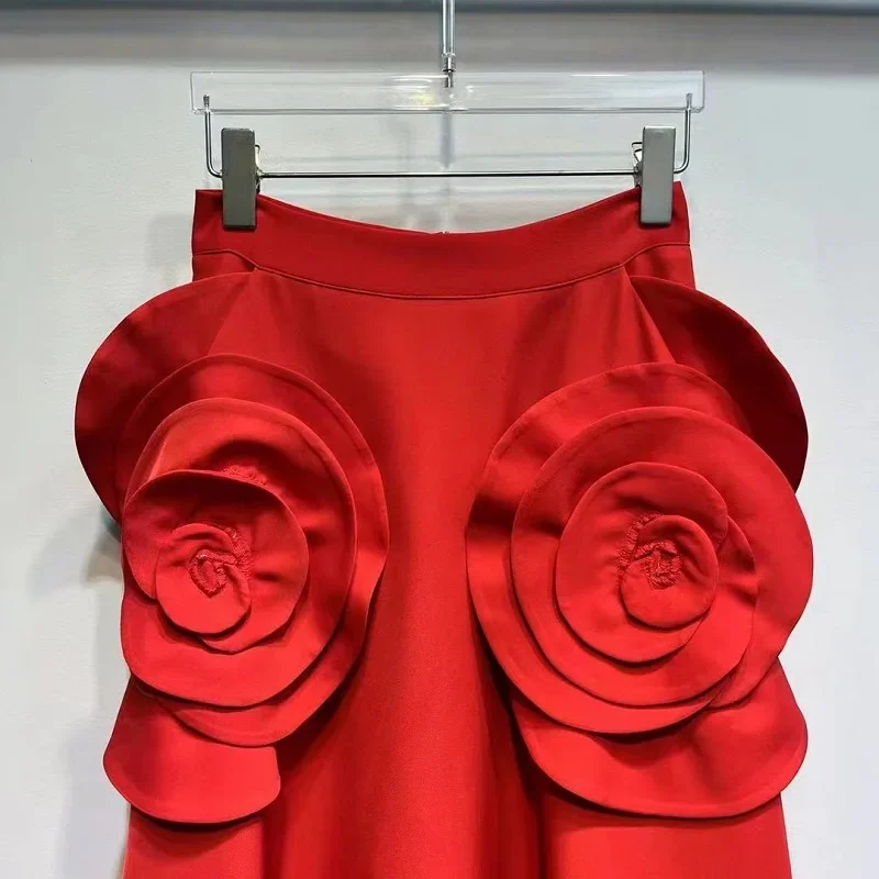 High Quality New Long Skirts 2024 Spring Summer Style Women Hand Made Flower Deco Big Swing Party Elegant Red Black Club Skirt
