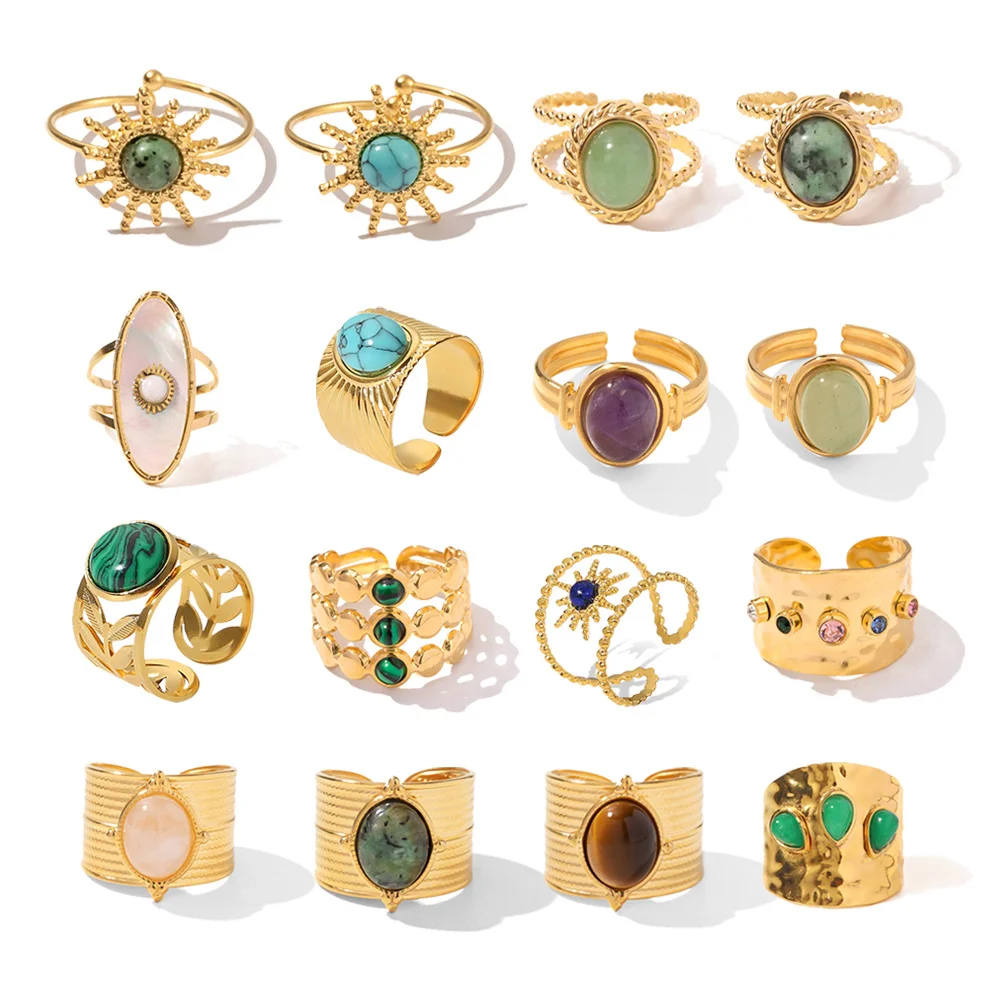 Fashion Women Rings Stainless Steel Adjustable Open Rings 18k Gold Plated Turquoise Malachite Gemstone Band Rings for Lady
