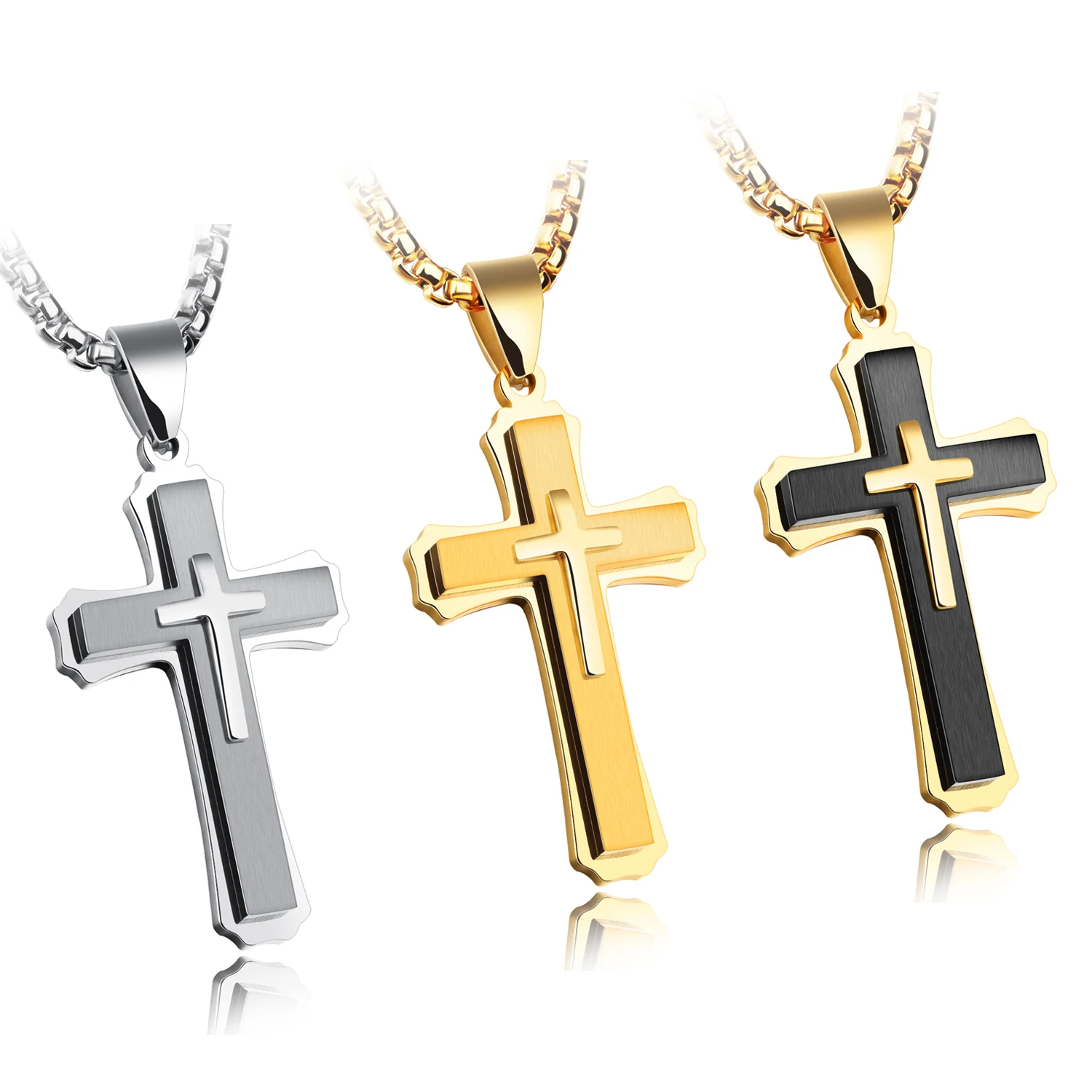 Big Titanium Steel Cross Pendant Necklace for Men Teen Boys Jewelry Three Layers Jesus Crucifix Necklaces with Box