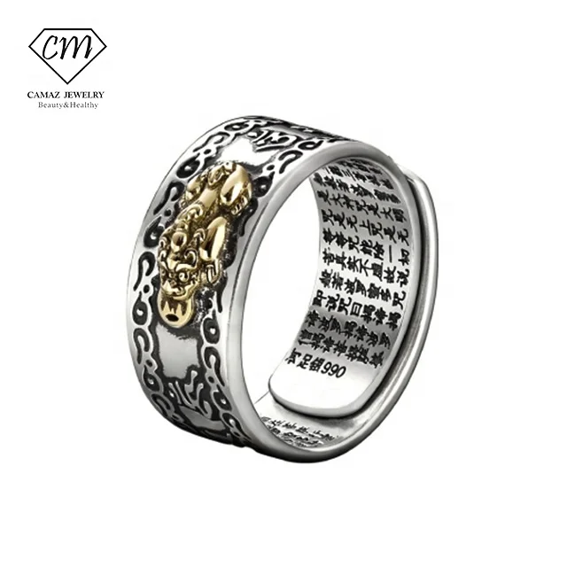 CAMAZ Feng Shui Lucky Men Amulet Anel Pixiu Mantra Wealth and Protection Stainless Steel Ring