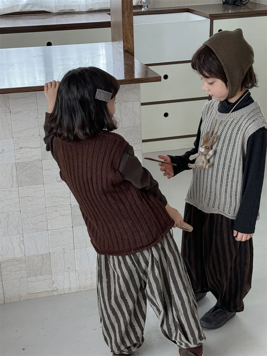 Children Autumn New Solid Color Knitted Tank Top for Boy Girl baby Forest style Retro Vest Top