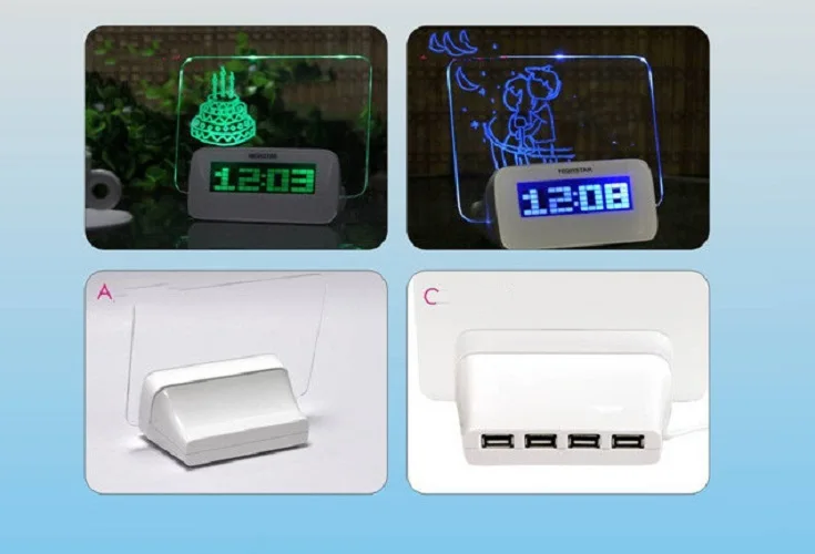 New Design 4 USB Port Hub Kids Diy Bedside Night Digital Alarm Clock with Message Board