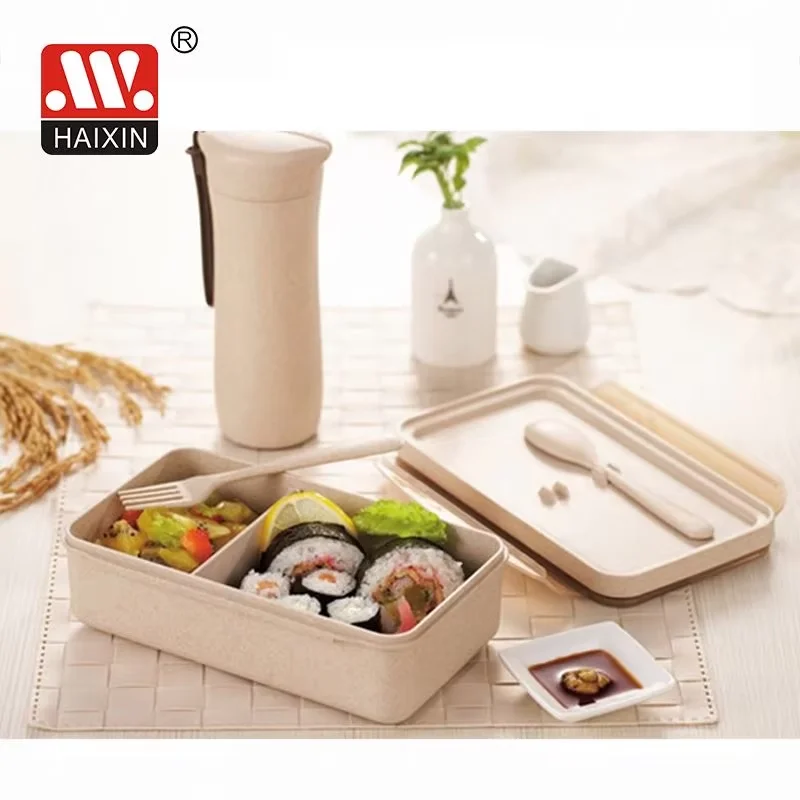 HAIXIN 2 compartments 1L Child Food Storage School Wheat Straw Bento Box With Tableware