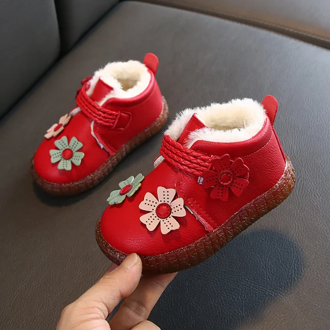
KS1901 Nice flower appliqued baby warm winter shoes PU leather toddler girls shoes 