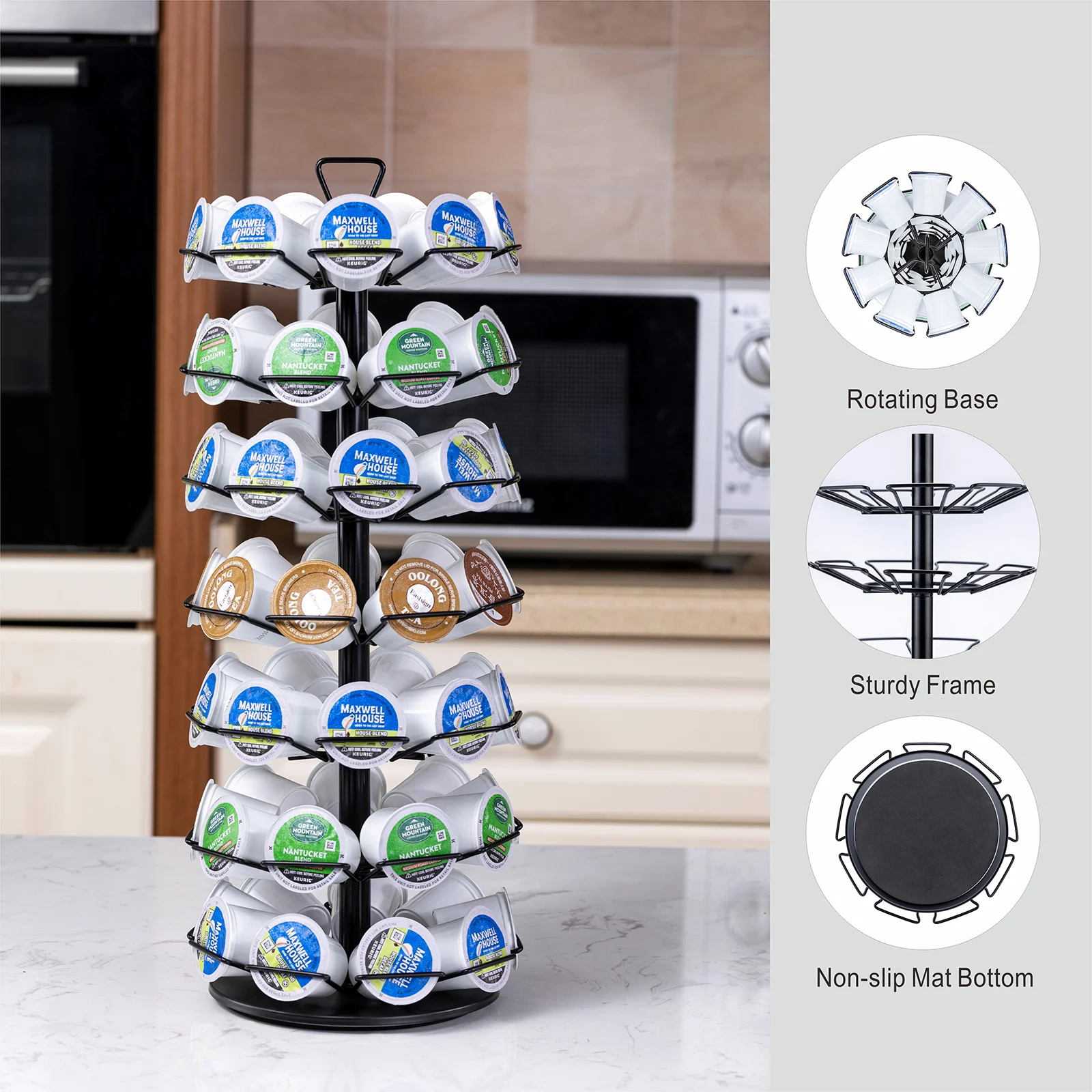 Modern 3-Tier Black Metal Coffee Pod Carousel Holder 360-Degree Spinning 27 Pods K-Cups Storage Rack for Kitchen Use Box Packed