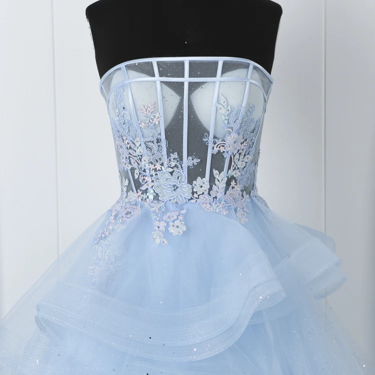 Реальное изображение Тюлевое многослойное бальное платье quinceanera кружевное вышитое синее длинное вечернее для выпускного вечера платья