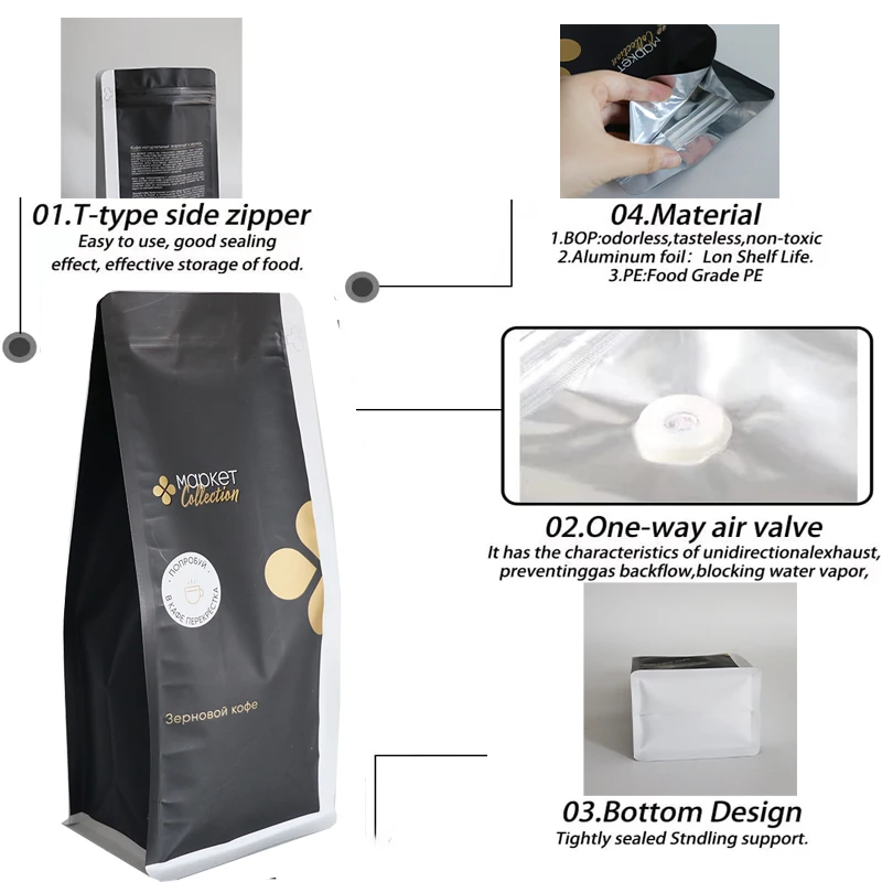 Custom printed bolsa de cafe Black Matte 12oz 16oz 250g 1kg Coffee Packaging Pouch Flat Bottom Coffee Bags with Valve and Zipper