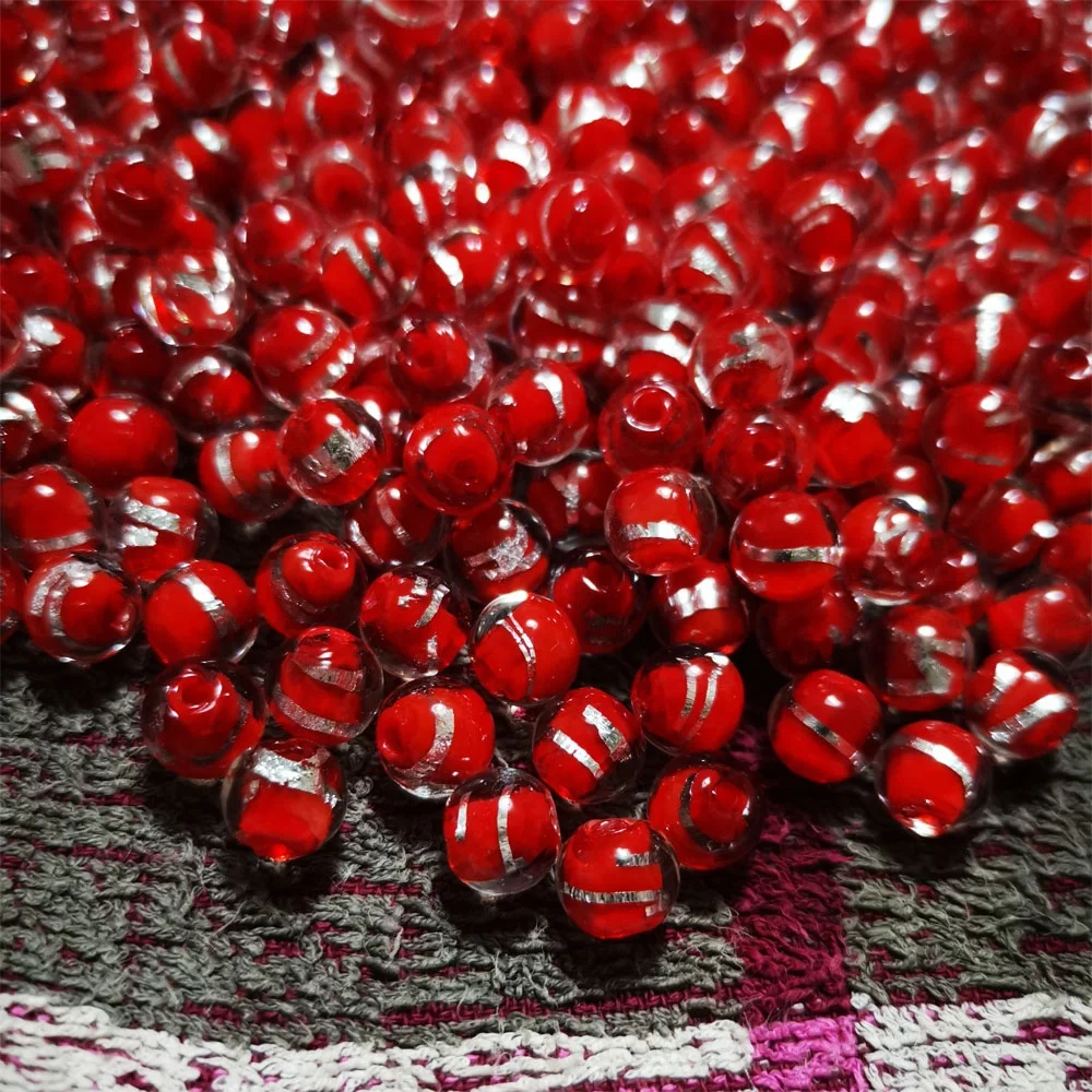 8mm Red Silver Foil Line Focal Beads Handmade Round Crystal Beads Lampwork Murano Glass Beads For Jewelry Necklace Bracelet Kits