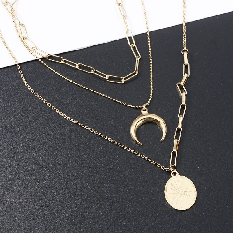 14K Gold Plated Stainless Steel 3 Layered Hypoallergenic Moon Necklace for Women