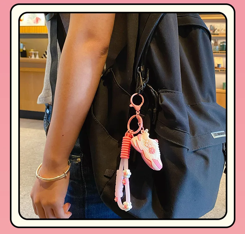 wholesale pvc sneaker keychain 3d and bag 3d mini shoe charms keychain sneakers with flower for girls gifts