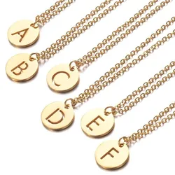 Wholesale Gold Stainless Steel Initial Letter Alphabet Round Hollow Pendant Charm Necklace for Women Girls