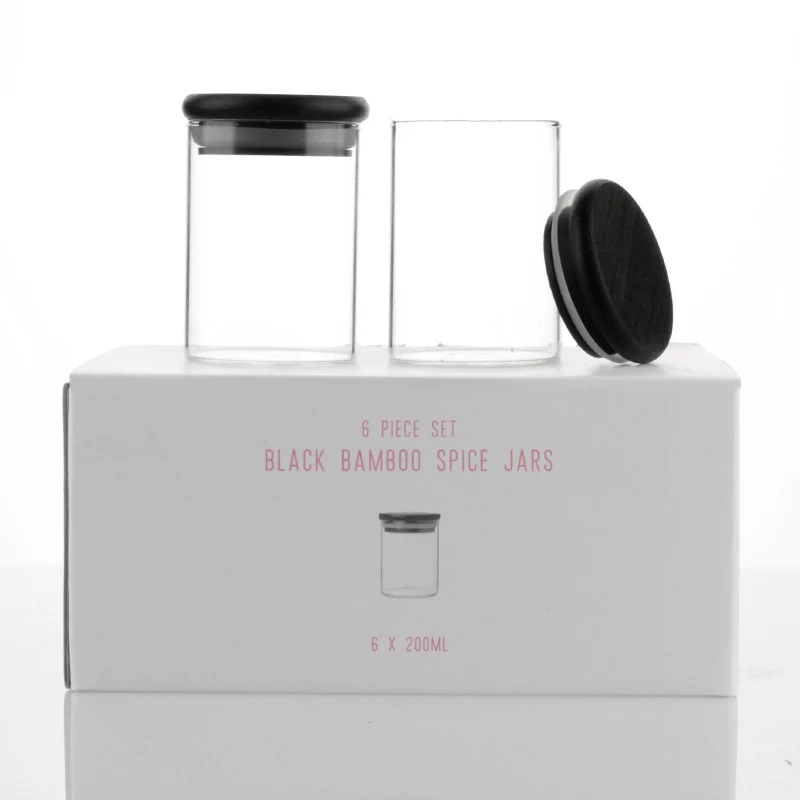 Sale 6 PCS Glass Canister Set Kitchen Nuts Cookies Glass Food Storage Jars with Black Bamboo Lids