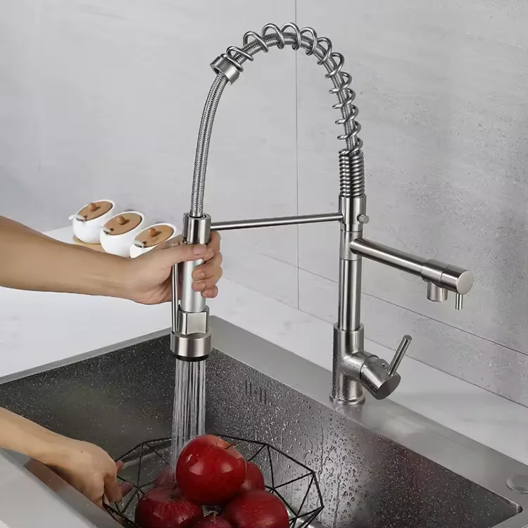 Cheap Price Brushed Brass Mounted Kitchen Faucet 360 Swivel Pull Down Spring Spout Mixer Tap Sink Faucet