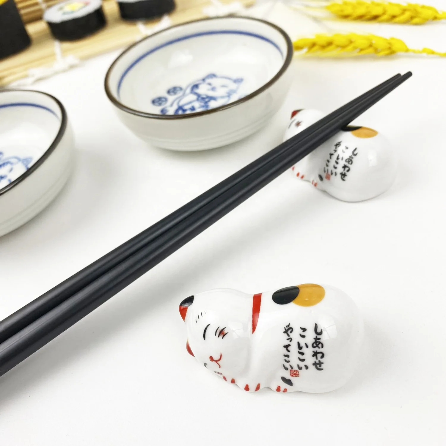 2024 Wholesale Natural  Sushi  Dinner Plate Dish  Set custom Japanese  lucky cat  chopsticks bamboo mat sushi set