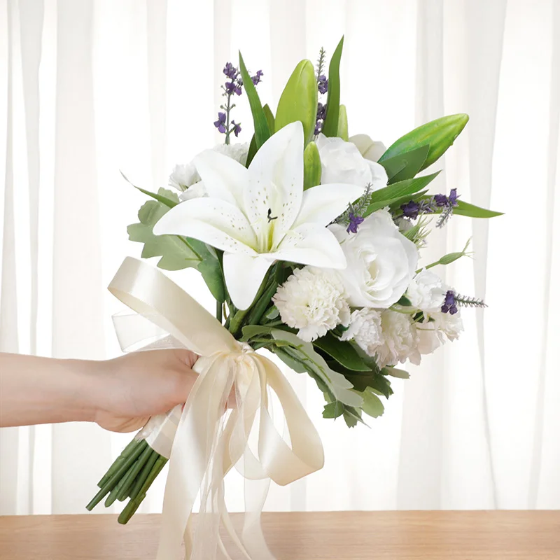 Artificial Flower lily  With leaf Hemp Rope Wedding  flower Bridal Bouquet