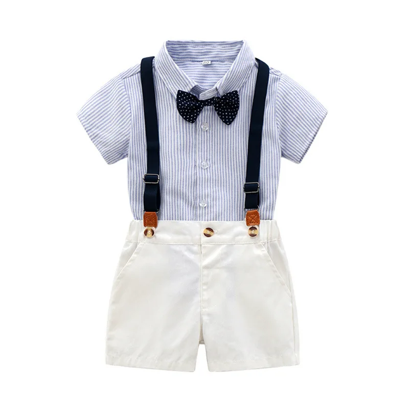 Wholesale Factory Direct Summer Baby Rompers Blue Striped Soft British Style Baby Clothes Kid Clothing Set