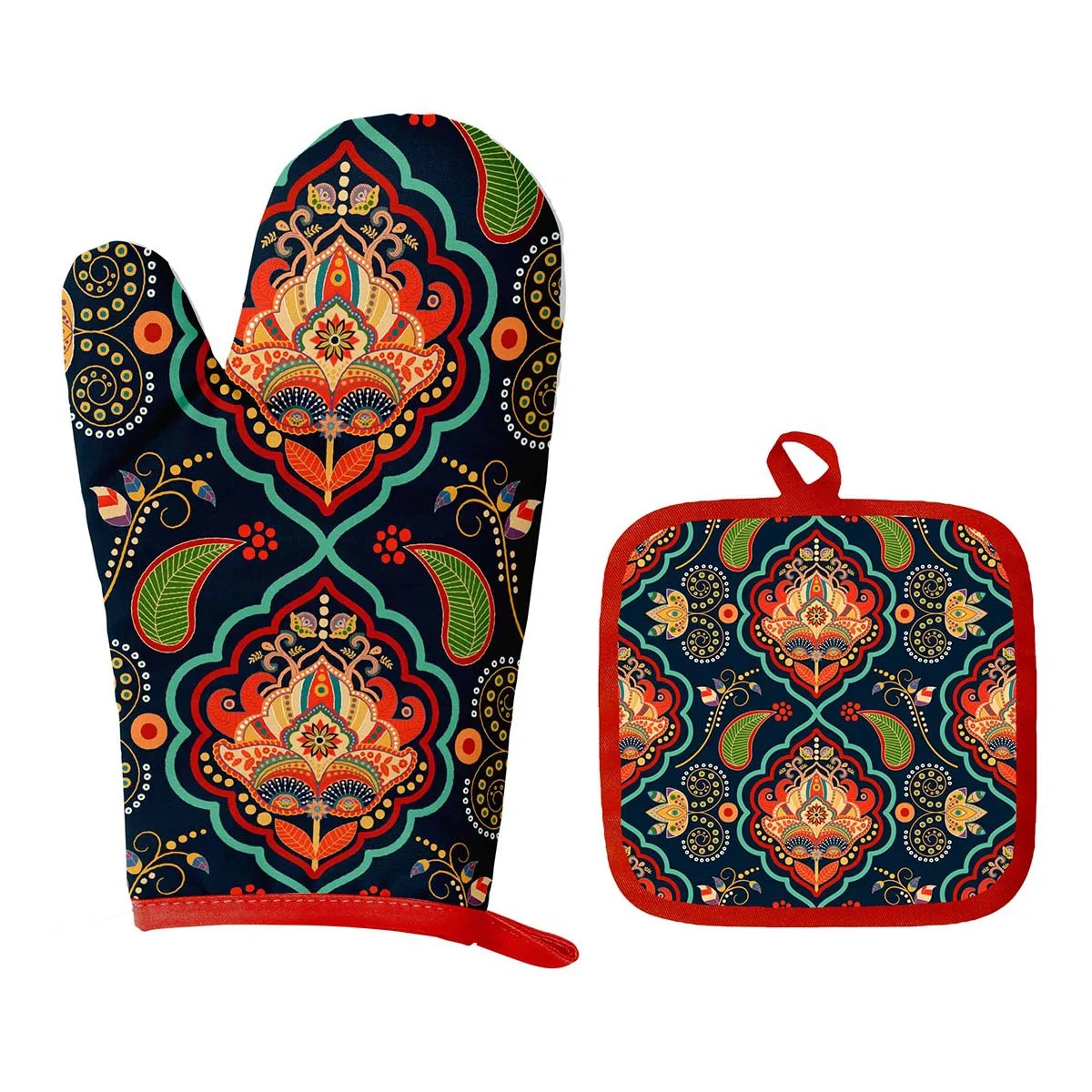 custom pattern superior quality  long cotton oven mitts and heat proof mat sets oven mittens