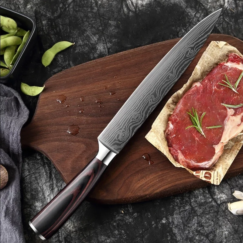 Amazon Best Product 8 Pieces Handmade Forged Damascus Steel Knife 8 Inch Damascus Steel Laser Pattern Kitchen Chef Knife Set