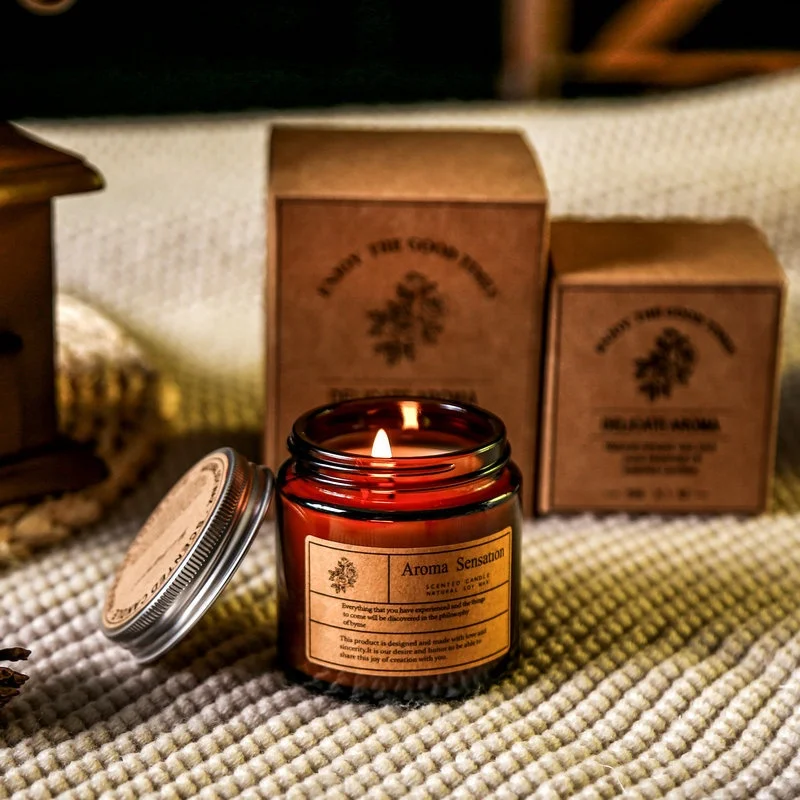7 Days Eco Friendly Soy Wax Massage Oil Brown Glass Jar Scented Candle with Lid Souvenir Wholesale