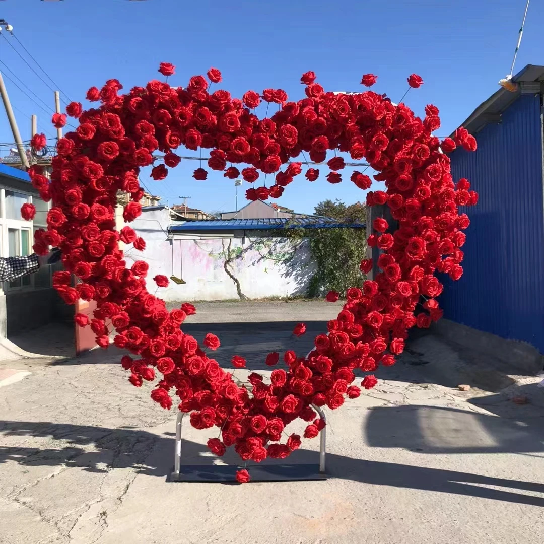 EG-WD67 Red White Decorative Silk Flower Heart Arch Backdrop Wedding Heart Shaped Arch