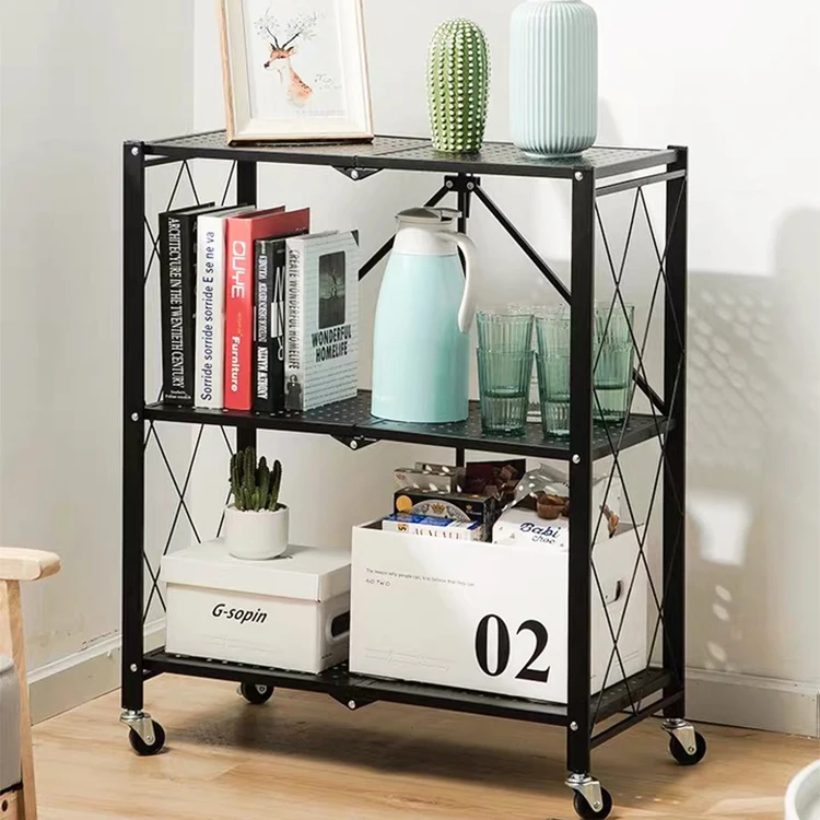 Kitchen Foldable Shelf Rack 3-Tier microwave oven Metal Folding Book Shelf White Display Shelves