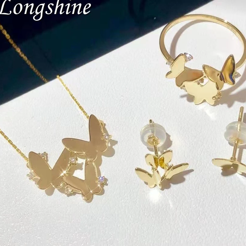 Longshine Jewelry Sets Wholesale Fashion Butterfly Shape 18K Gold Diamond Earrings and Necklace Ring Set