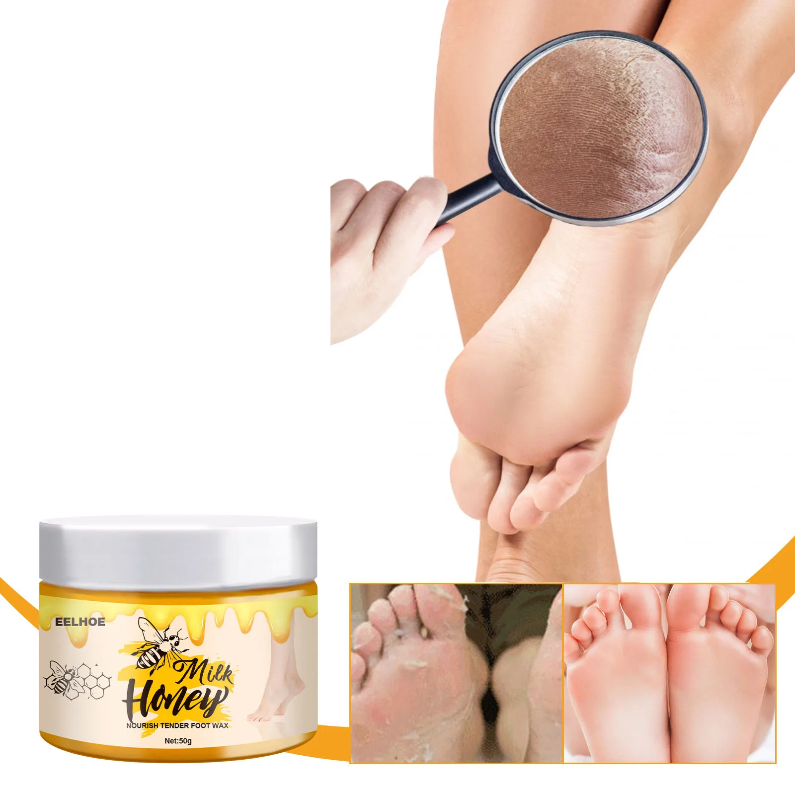 Milk, honey, and foot wax remove dead skin, calluses, tender feet, and exfoliated foot mask
