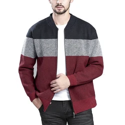 2021 Winter Fashion O Neck Long Sleeve Grey Color Block Zip Up Mens Cardigan Sweater For Men
