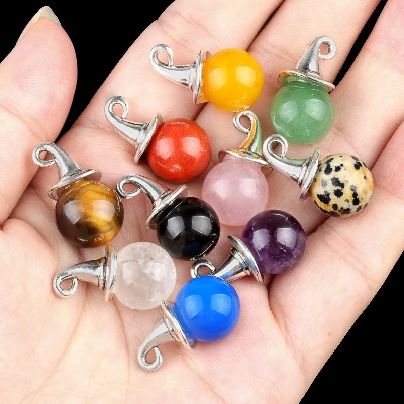 Wizard Hat Charms Antique Silver With Gemstone Round Beads Witch Hat Halloween Charm Tiger Eye Amethyst Charm for Jewelry Making