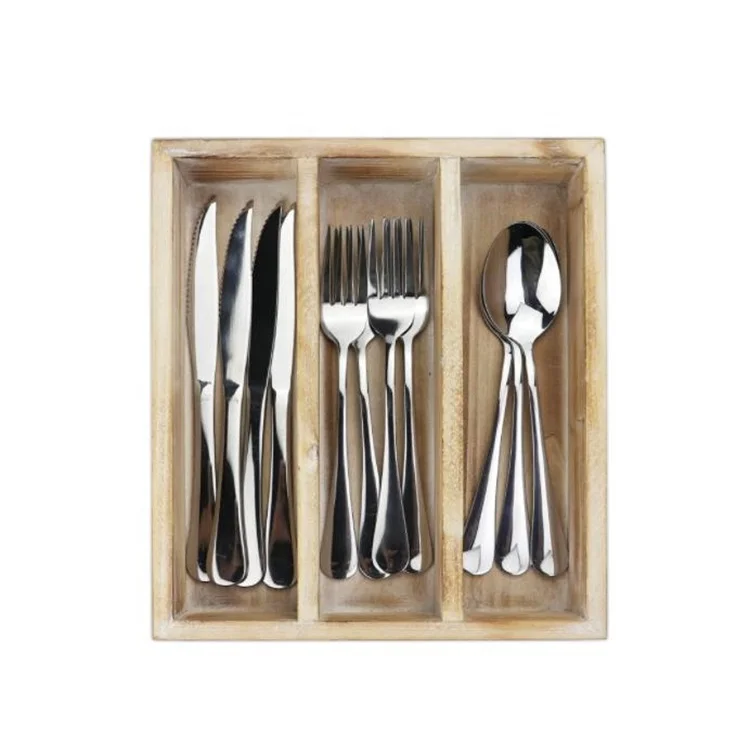 Custom Three Lattice Wooden Bar Caddy For Spoon Fork Knife Straw Kitchen Tableware Storage